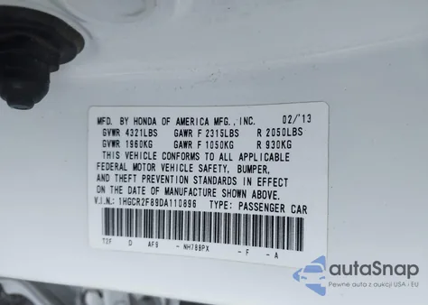 2013 Honda Accord Sdn Ex-L from USA, damaged, VIN 1HGCR2F89DA110896